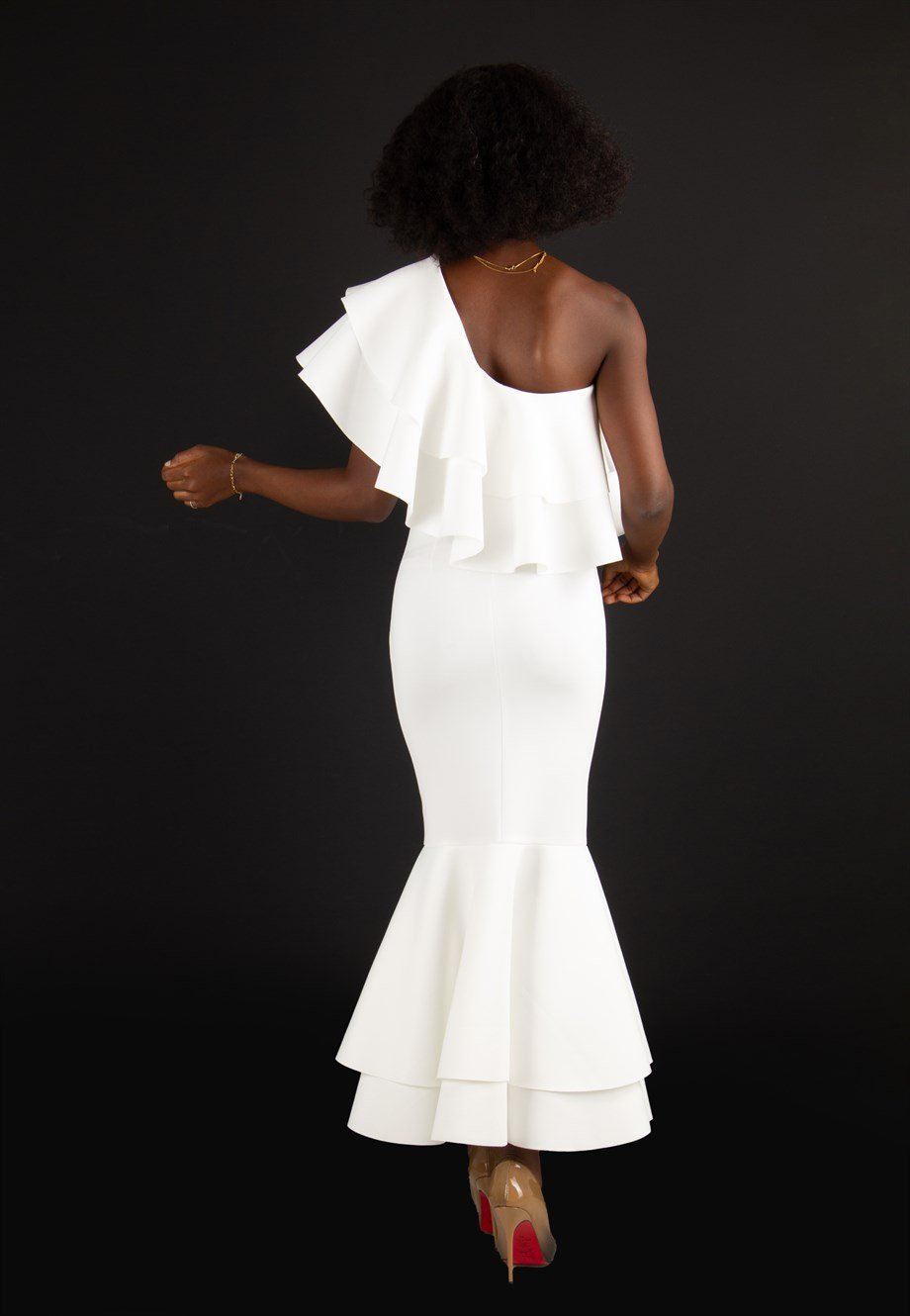 One Shoulder Ruffle Hem Scuba Dress - White