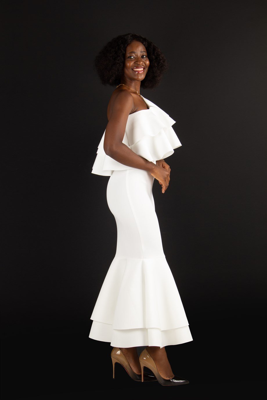 One Shoulder Ruffle Hem Scuba Dress - White