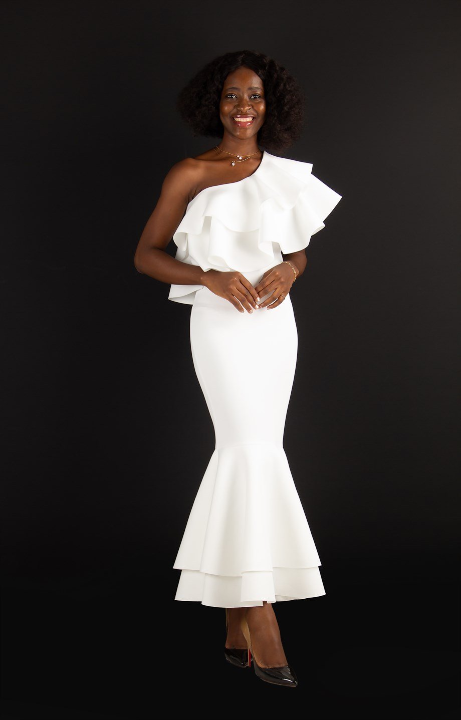 One Shoulder Ruffle Hem Scuba Dress - White