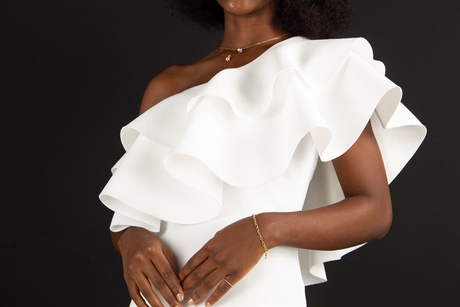 One Shoulder Ruffle Hem Scuba Dress - White
