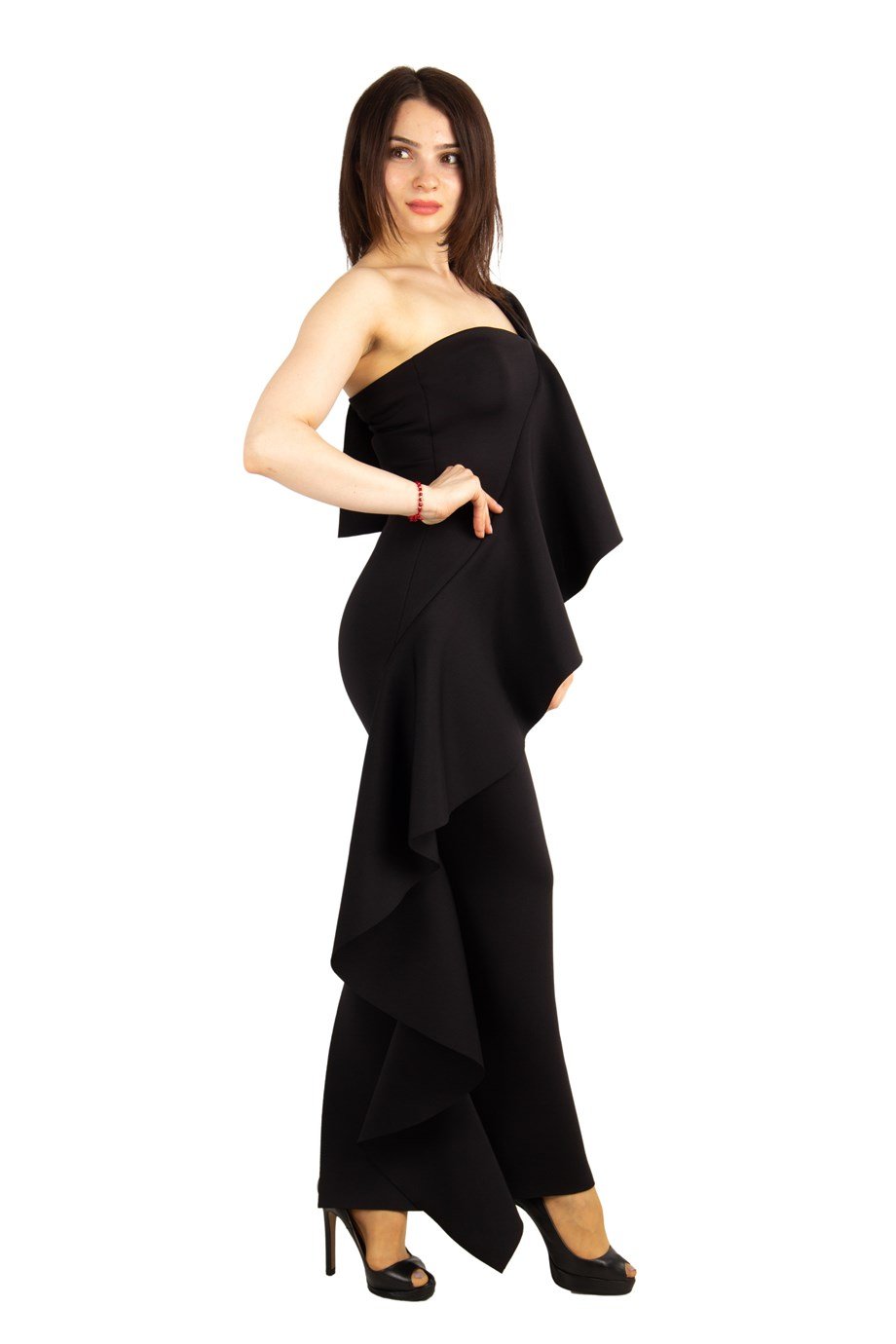 One Shoulder Ruffle Maxi Scuba Dress - Black