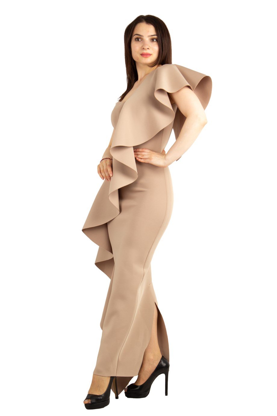 One Shoulder Ruffle Maxi Scuba Dress - Beige