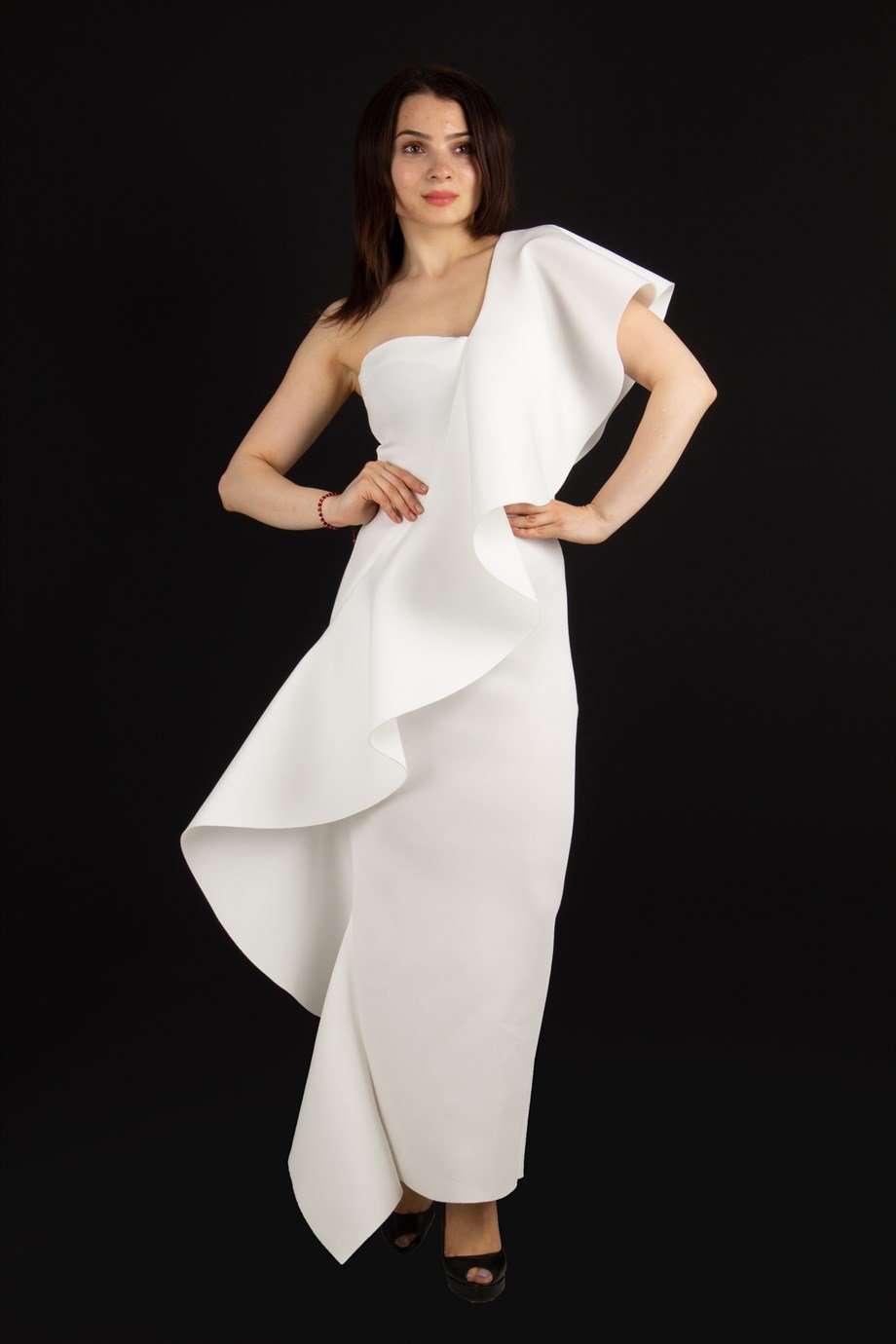 One Shoulder Ruffle Maxi Scuba Dress - White
