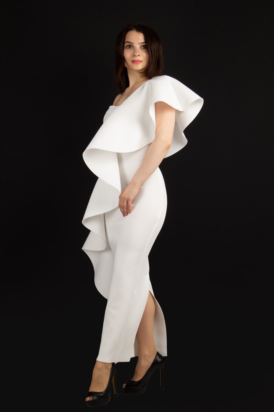 One Shoulder Ruffle Maxi Scuba Dress - White