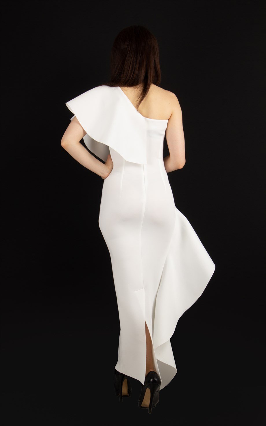 One Shoulder Ruffle Maxi Scuba Dress - White