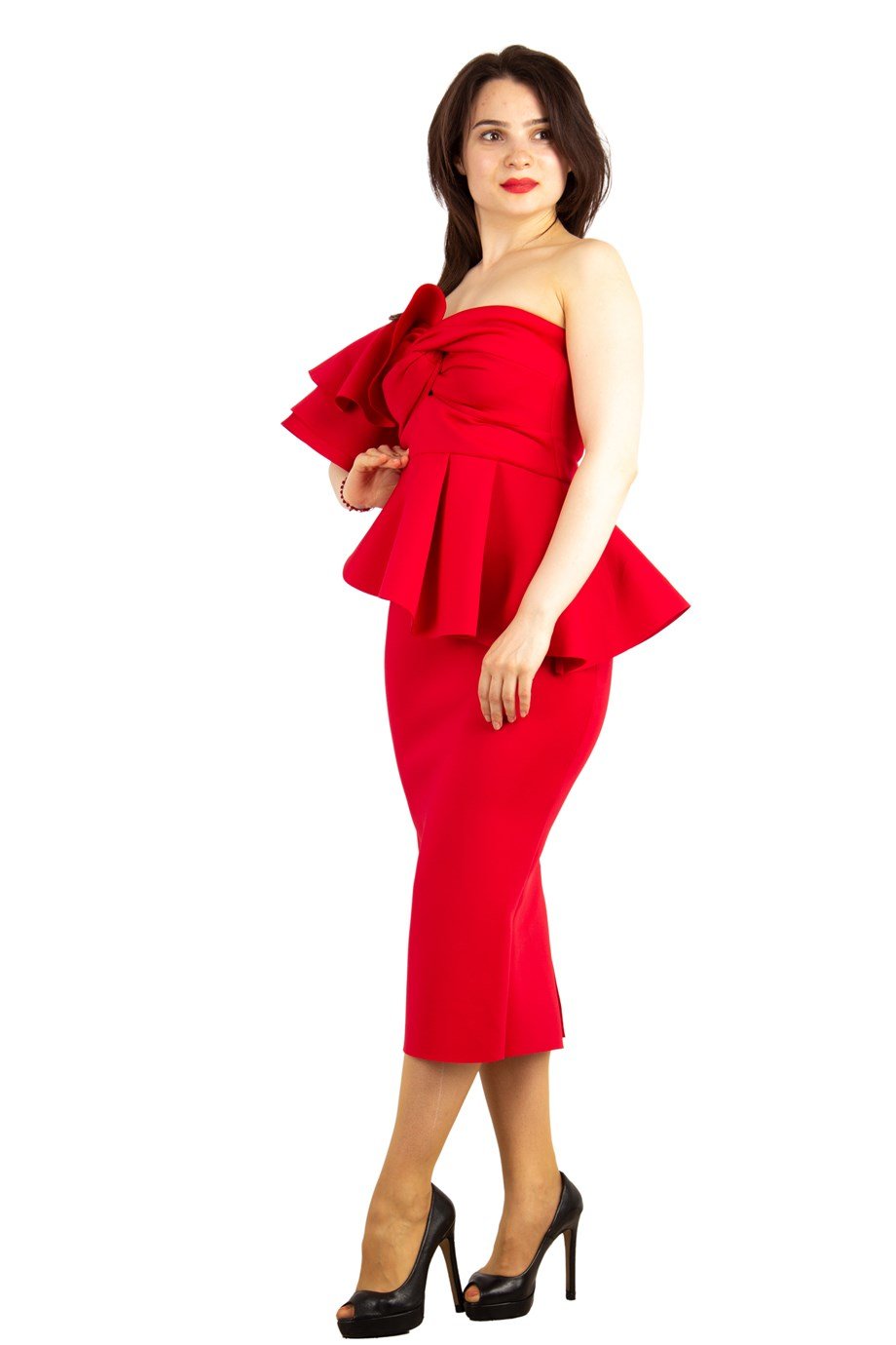 One Shoulder Ruffle Peplum Scuba Big Size Dress - Red