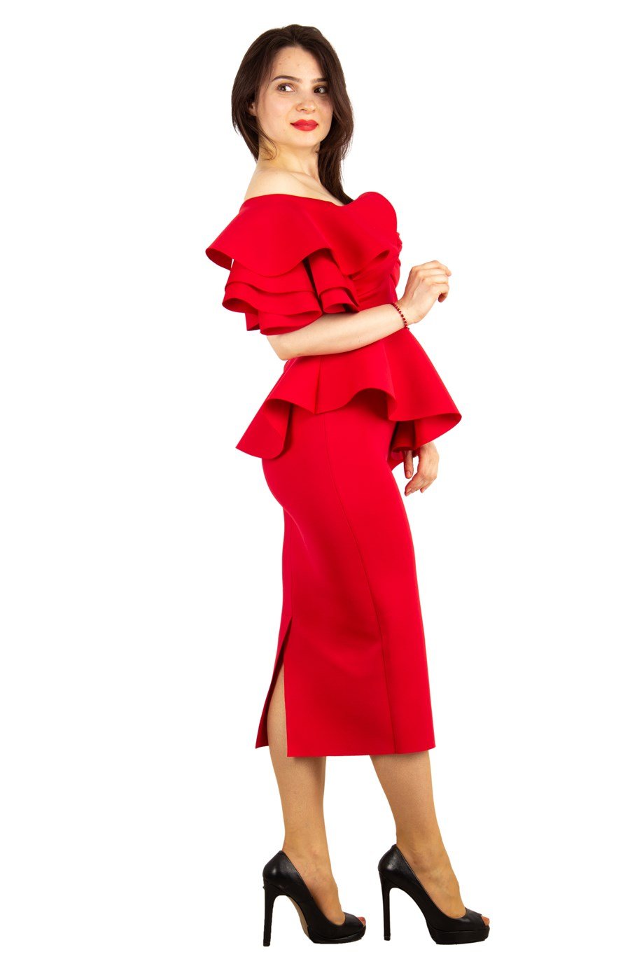 One Shoulder Ruffle Peplum Scuba Big Size Dress - Red