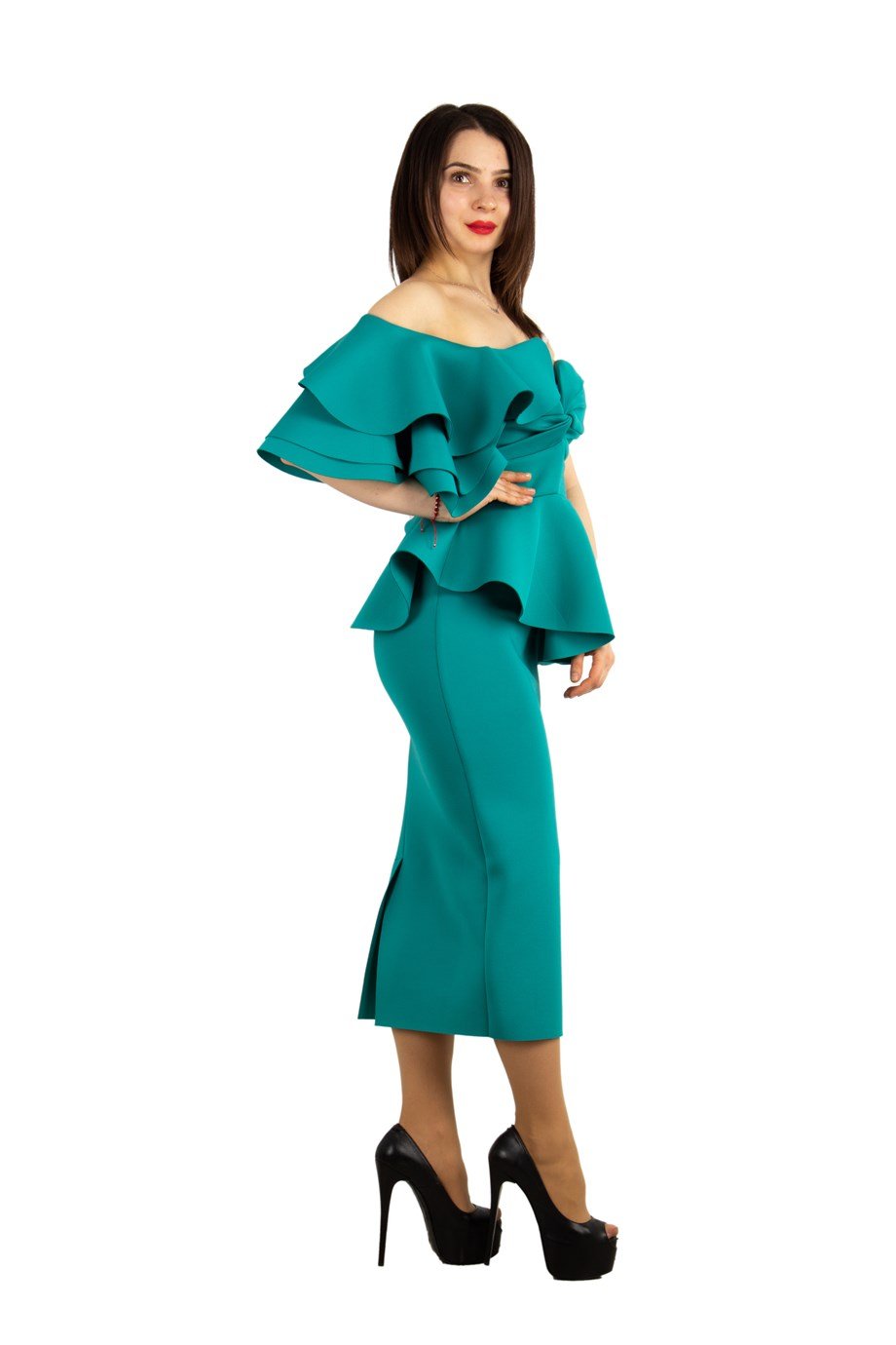 One Shoulder Ruffle Peplum Scuba Dress - Benetton Green