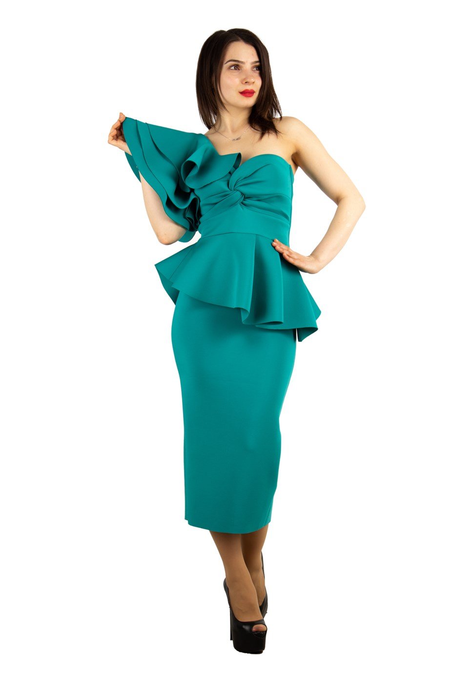 One Shoulder Ruffle Peplum Scuba Dress - Benetton Green