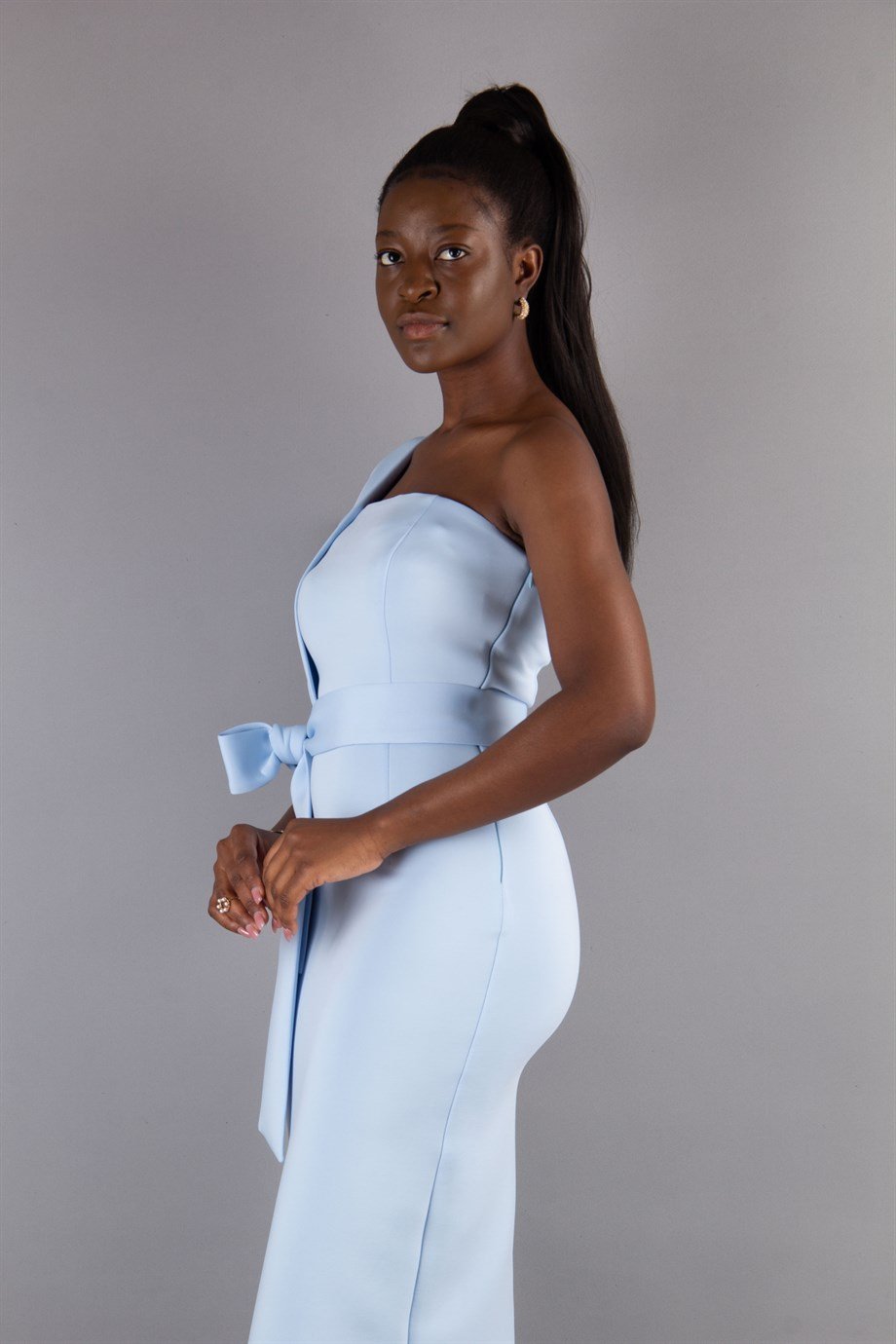 One Shoulder Scuba Dress With Matched Belt - Baby Blue