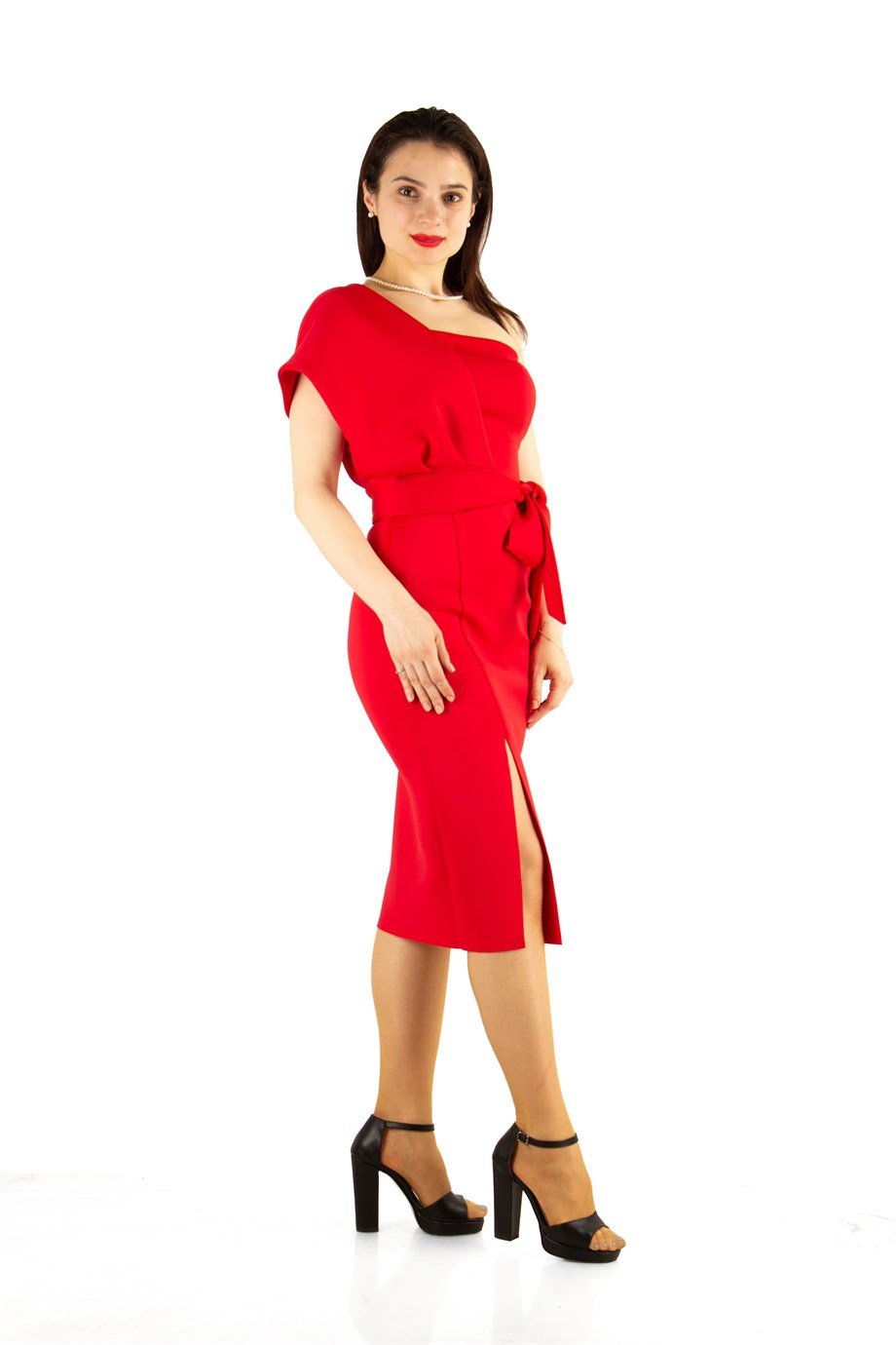 One Shoulder Scuba Dress With Matched Belt - Red
