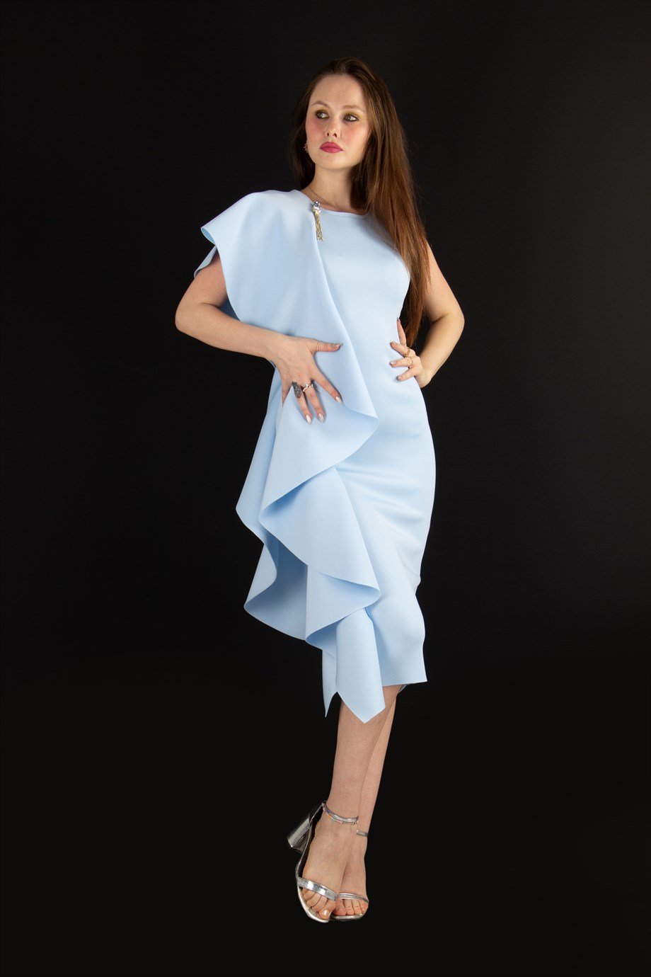 One Sleeve Frill Scuba Midi Dress - Baby Blue