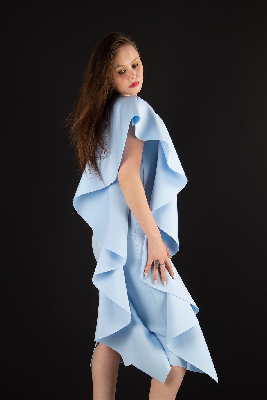 One Sleeve Frill Scuba Midi Dress - Baby Blue