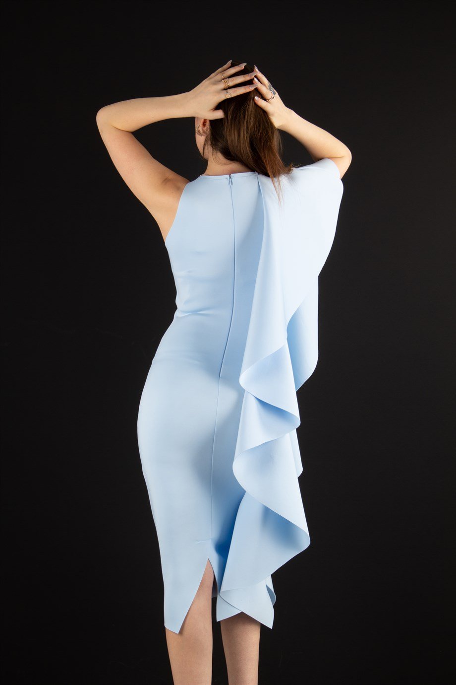 One Sleeve Frill Scuba Midi Dress - Baby Blue