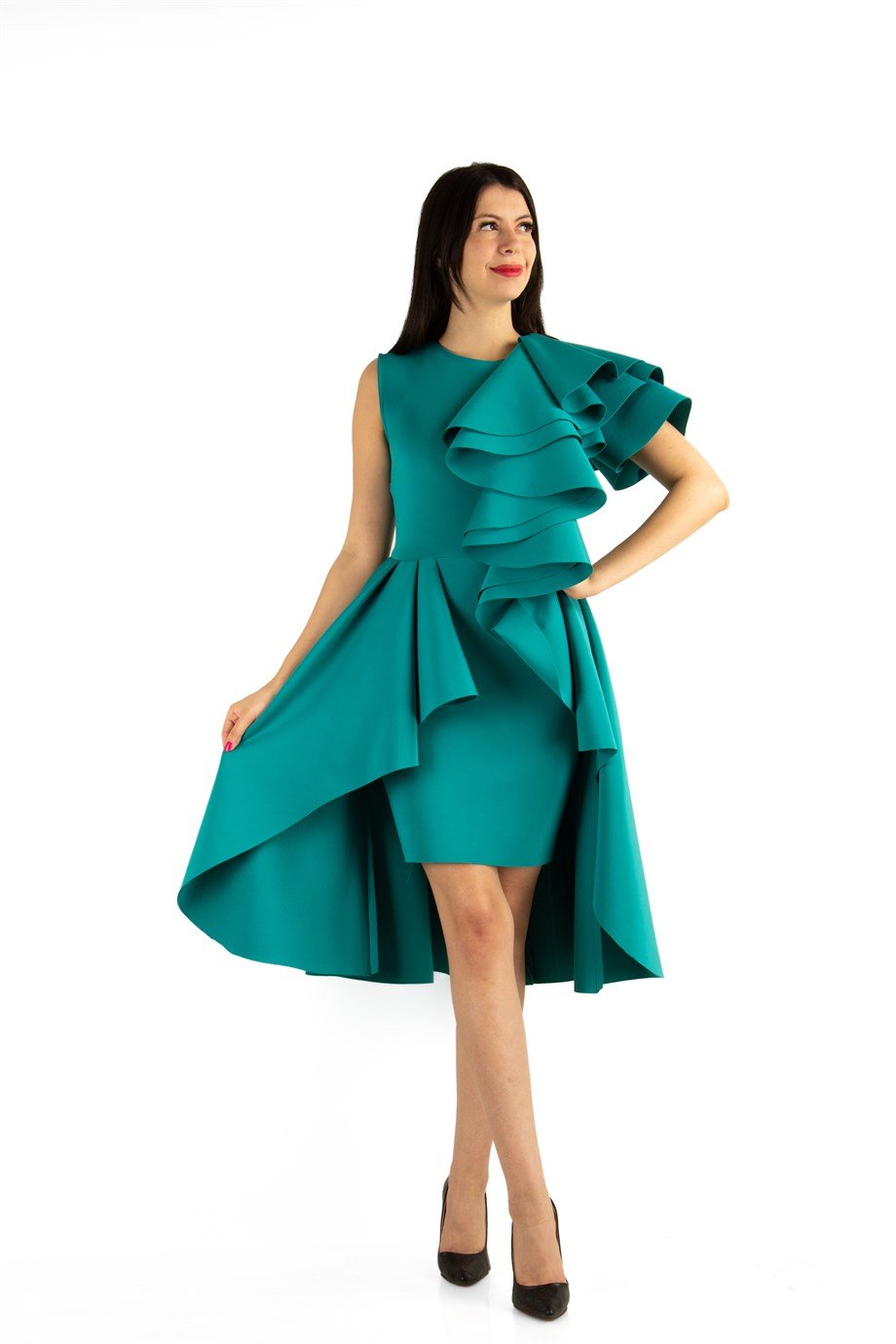 One Sleeve Layered Scuba Dress - Benetton Green