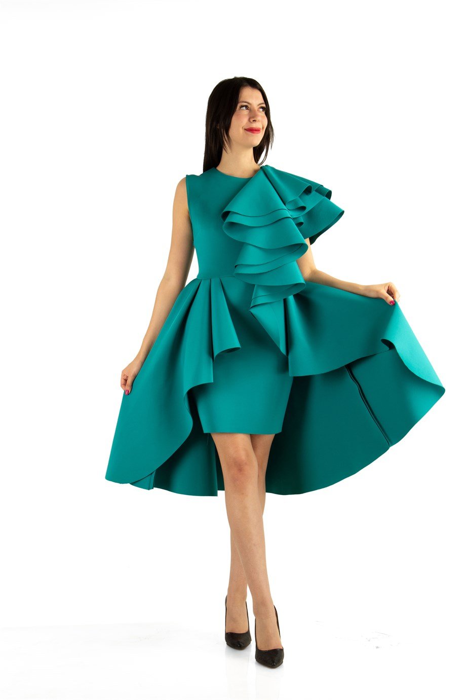 One Sleeve Layered Scuba Dress - Benetton Green