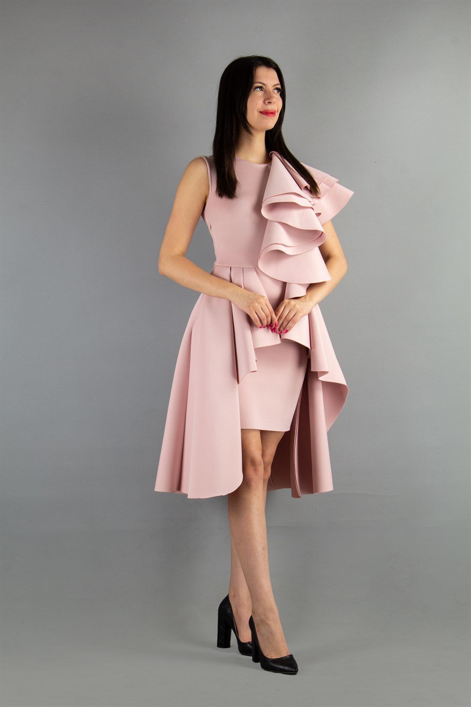One Sleeve Layered Scuba Dress - Powder
