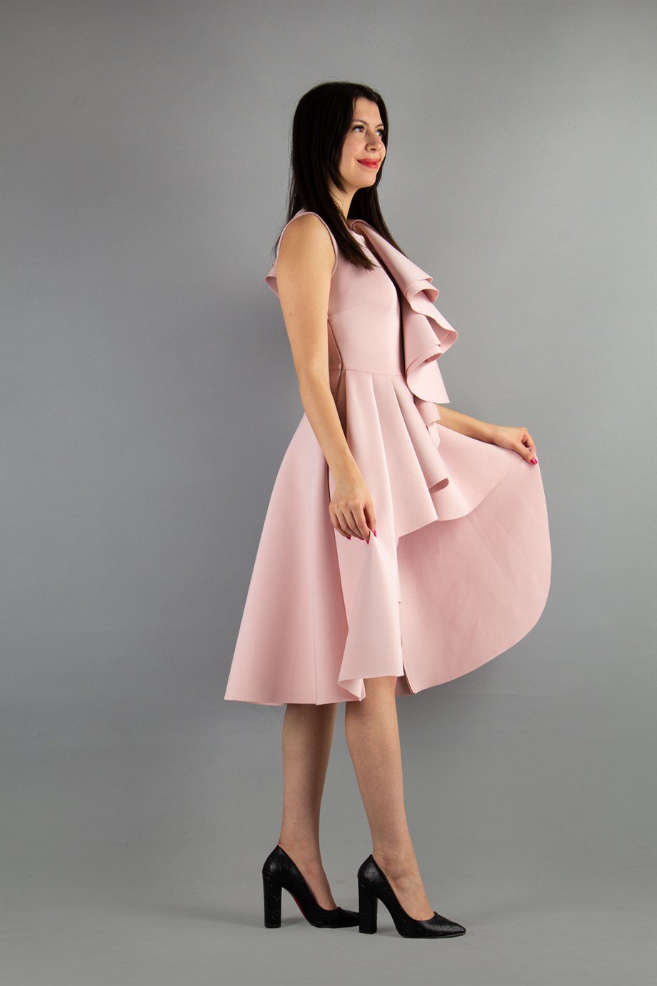 One Sleeve Layered Scuba Dress - Powder