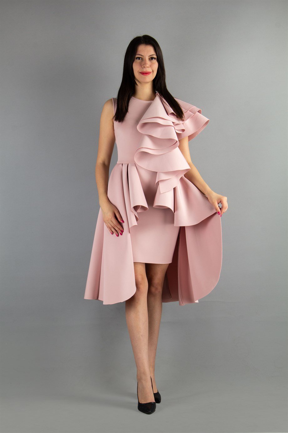 One Sleeve Layered Scuba Dress - Powder