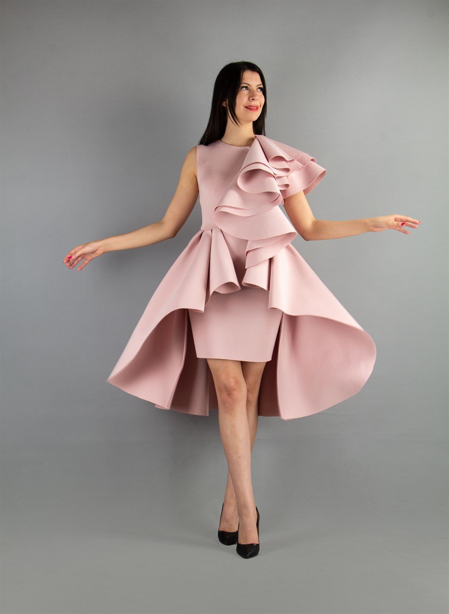 One Sleeve Layered Scuba Dress - Powder