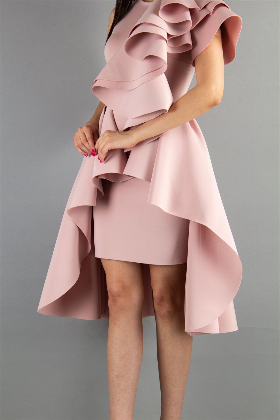 One Sleeve Layered Scuba Dress - Powder