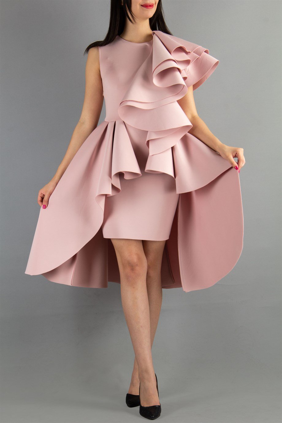 One Sleeve Layered Scuba Dress - Powder
