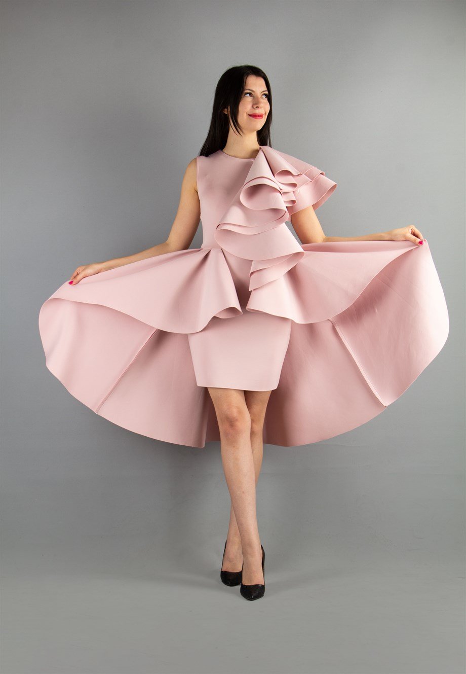 One Sleeve Layered Scuba Dress - Powder