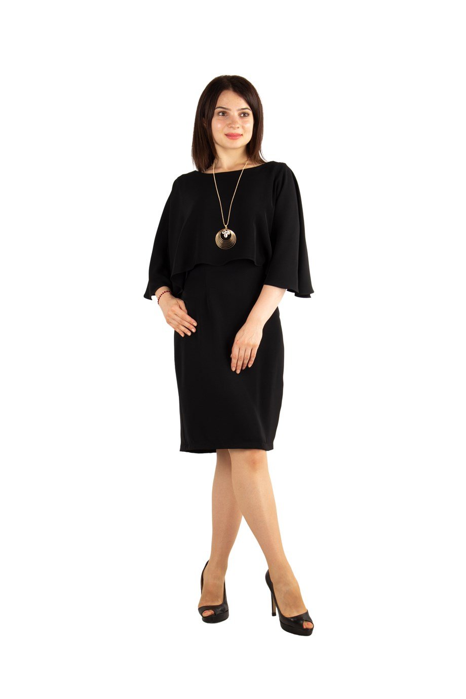 Open Back Dress With Cape - Black