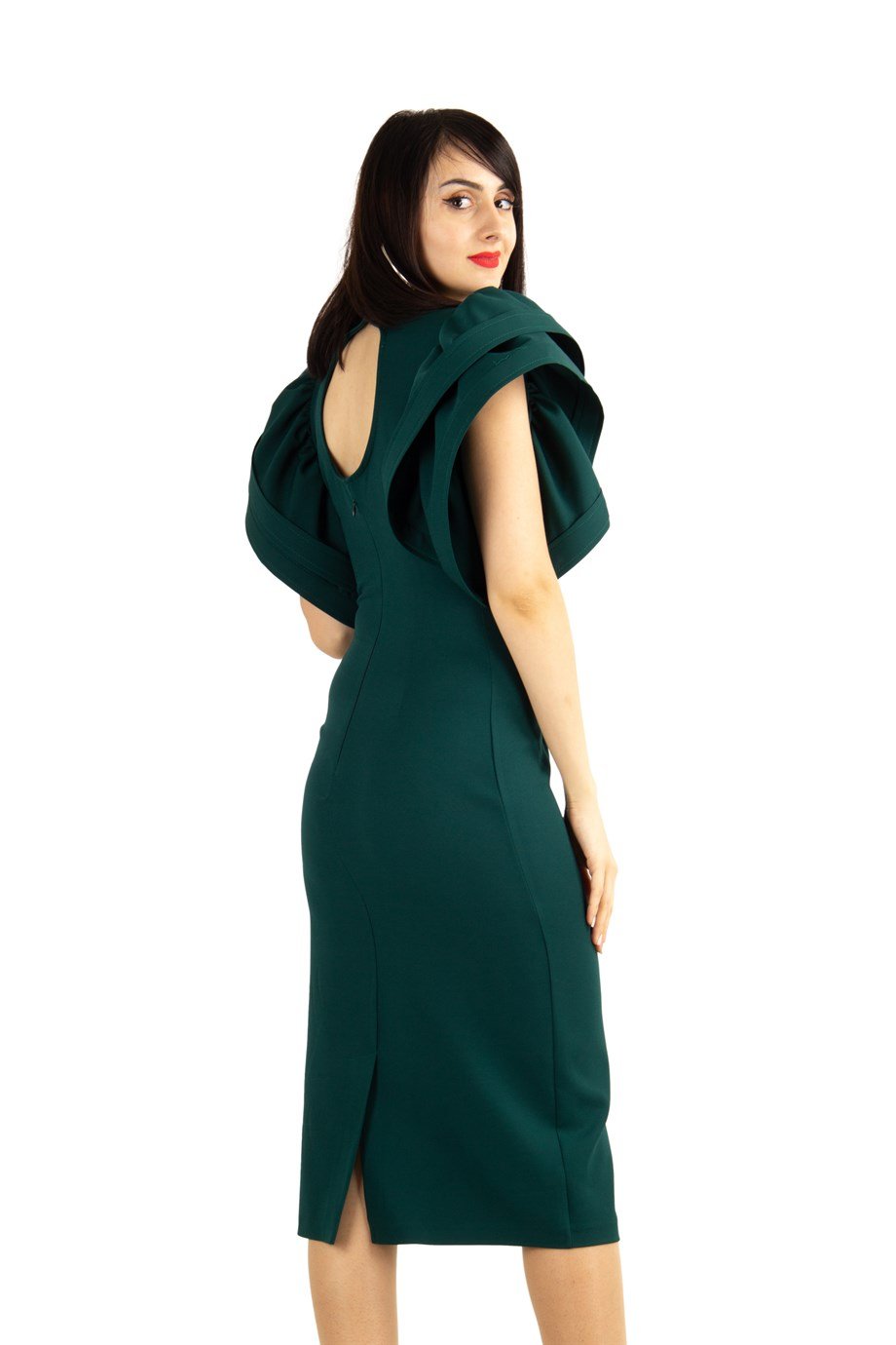 Open Back High Round Sleeves Big Size Dress - Emerald Green