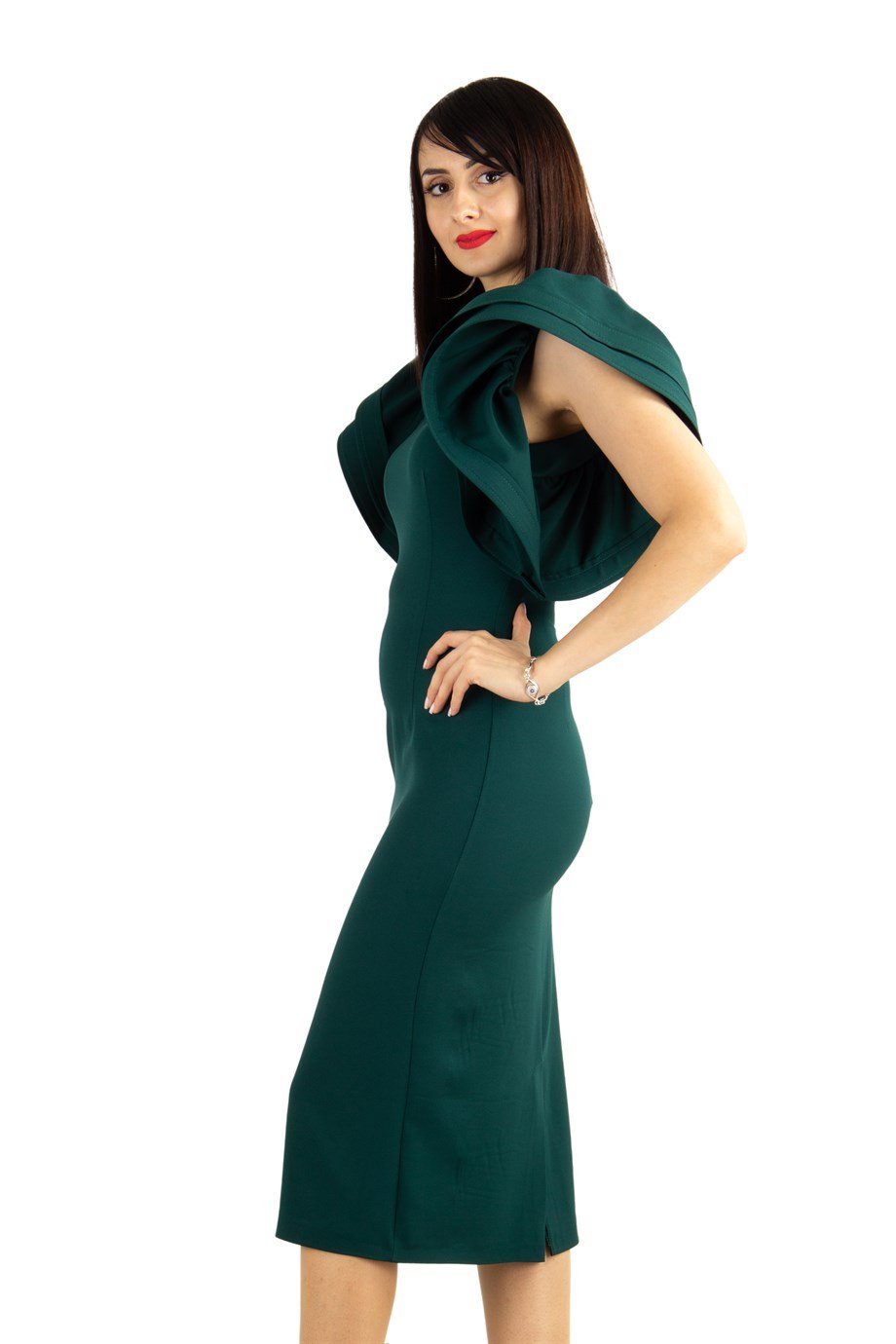 Open Back High Round Sleeves Big Size Dress - Emerald Green