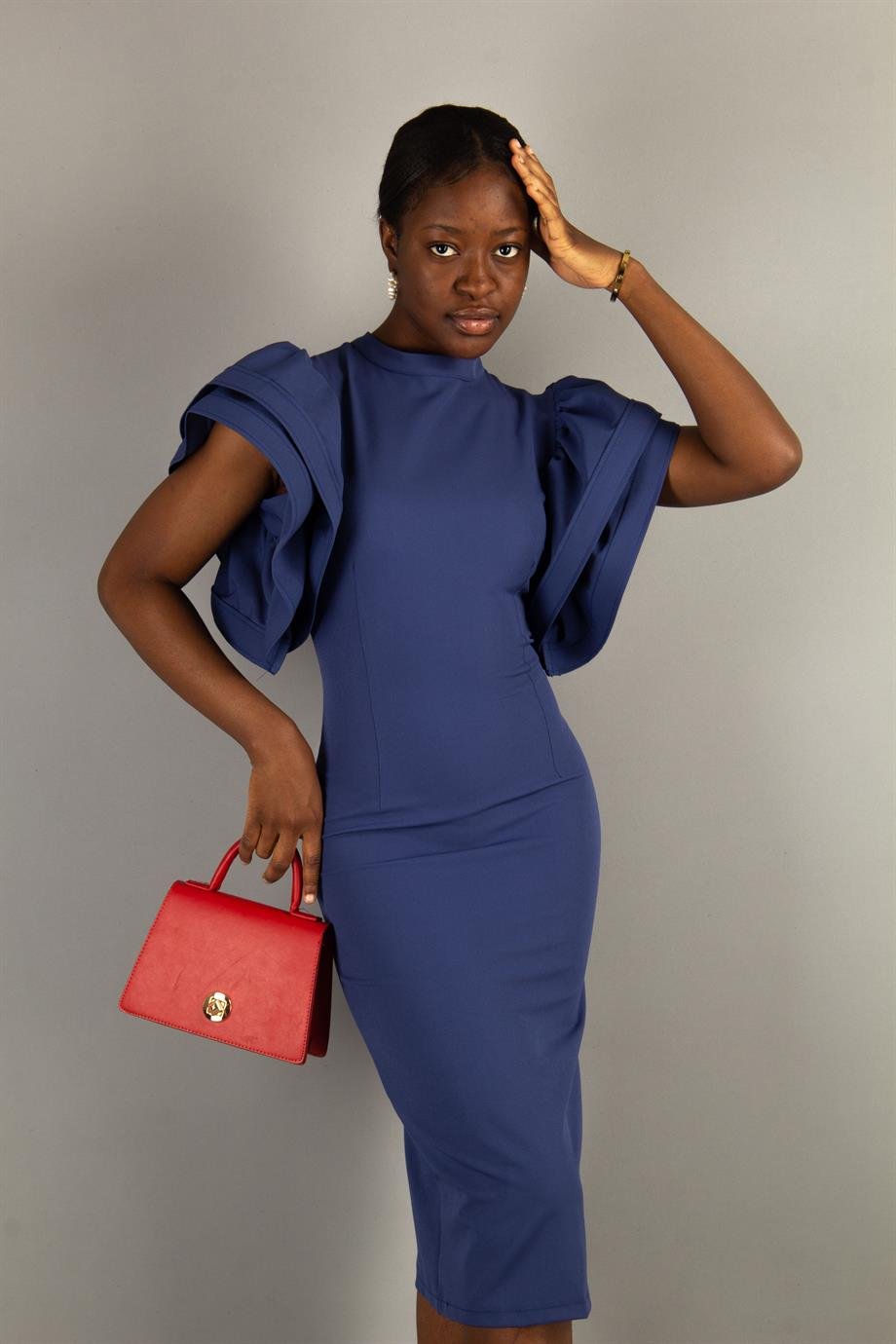 Open Back High Round Sleeves Big Size Dress - Petrol Blue