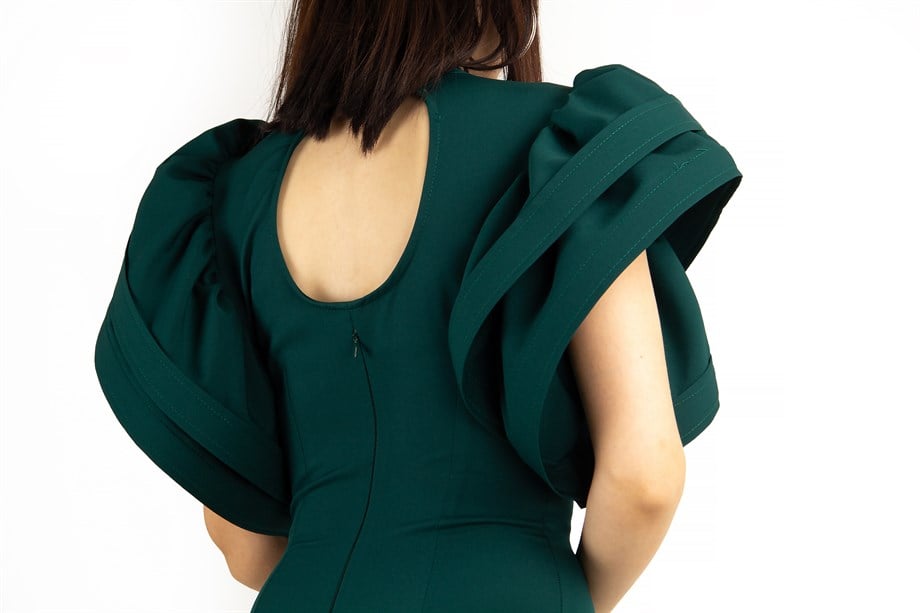 Open Back High Round Sleeves Big Size Dress - Emerald Green