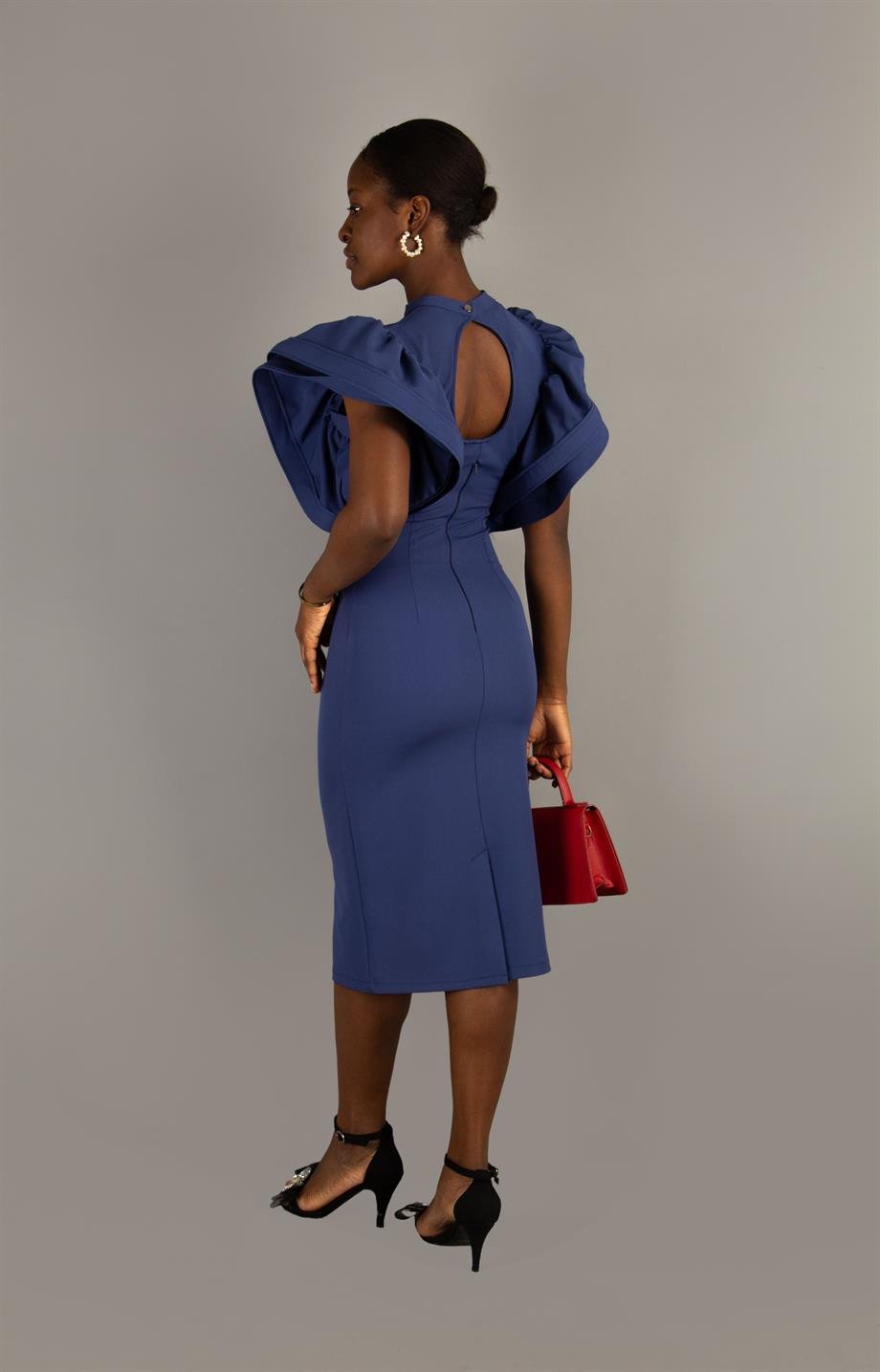 Open Back High Round Sleeves Big Size Dress - Petrol Blue