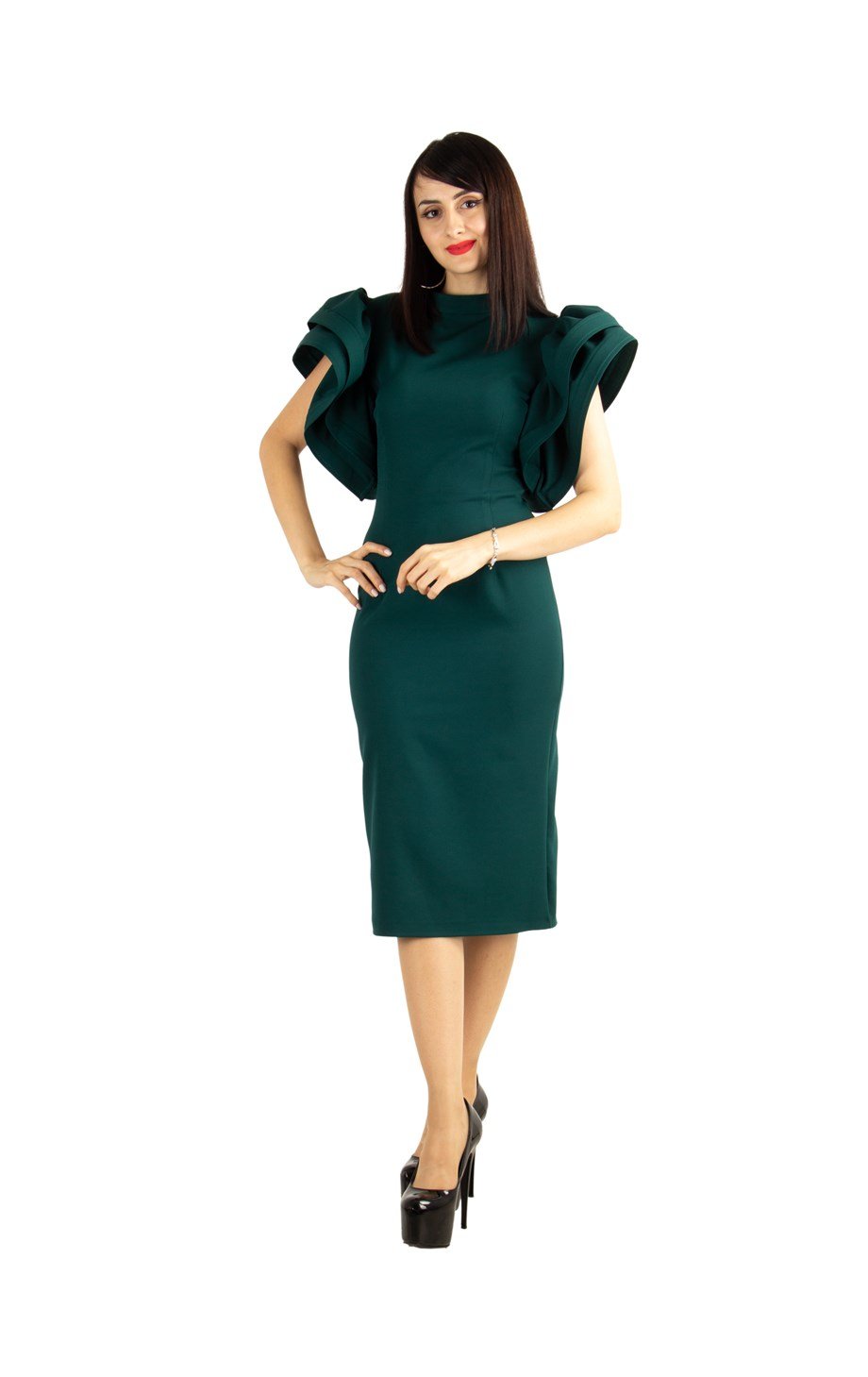 Open Back High Round Sleeves Big Size Dress - Emerald Green