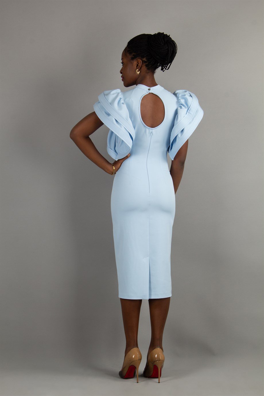 Open Back High Round Sleeves Dress - Baby Blue