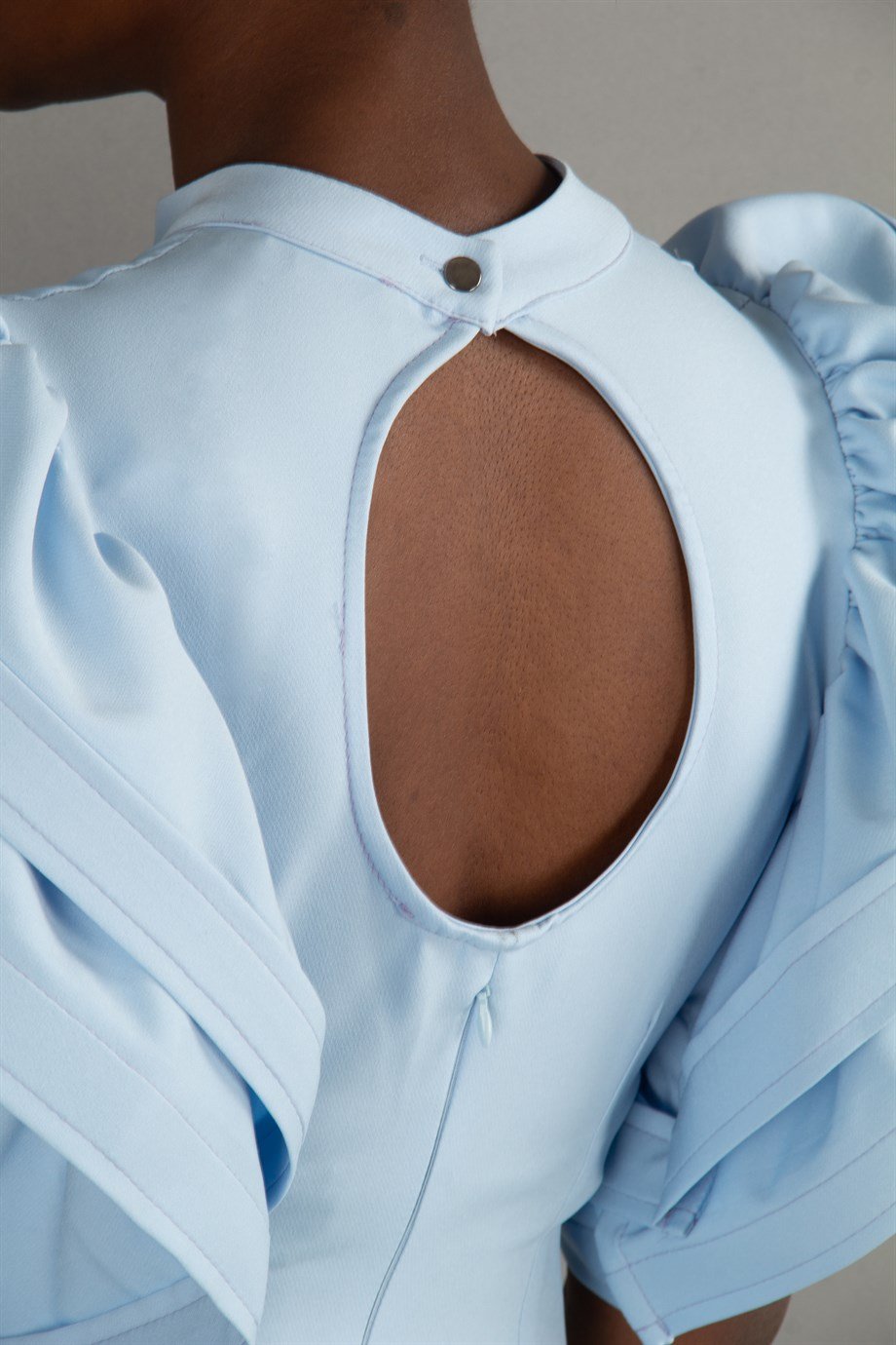 Open Back High Round Sleeves Dress - Baby Blue