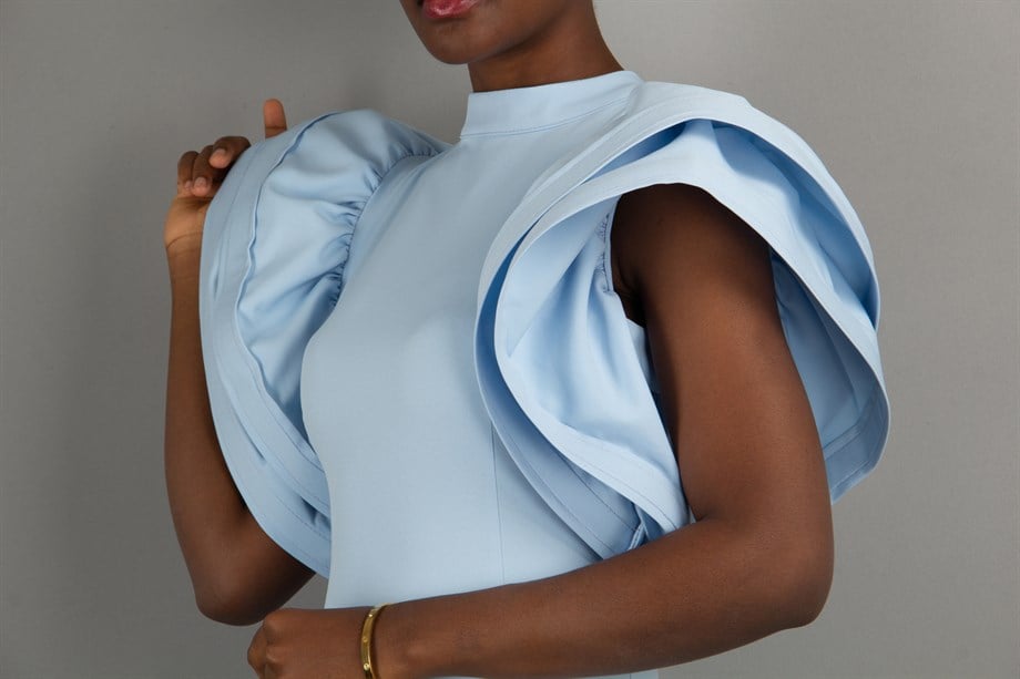 Open Back High Round Sleeves Dress - Baby Blue