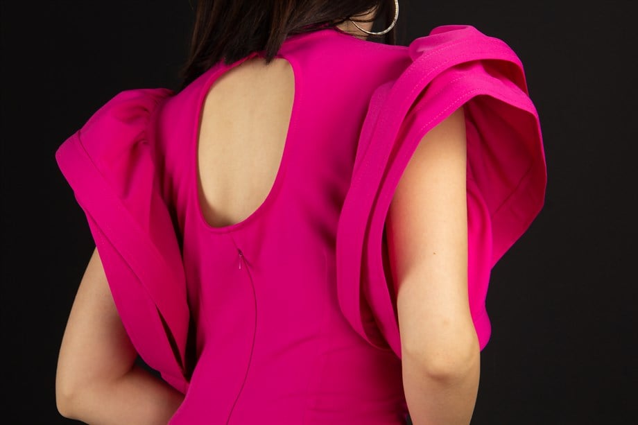 Open Back High Round Sleeves Dress - Fuchia