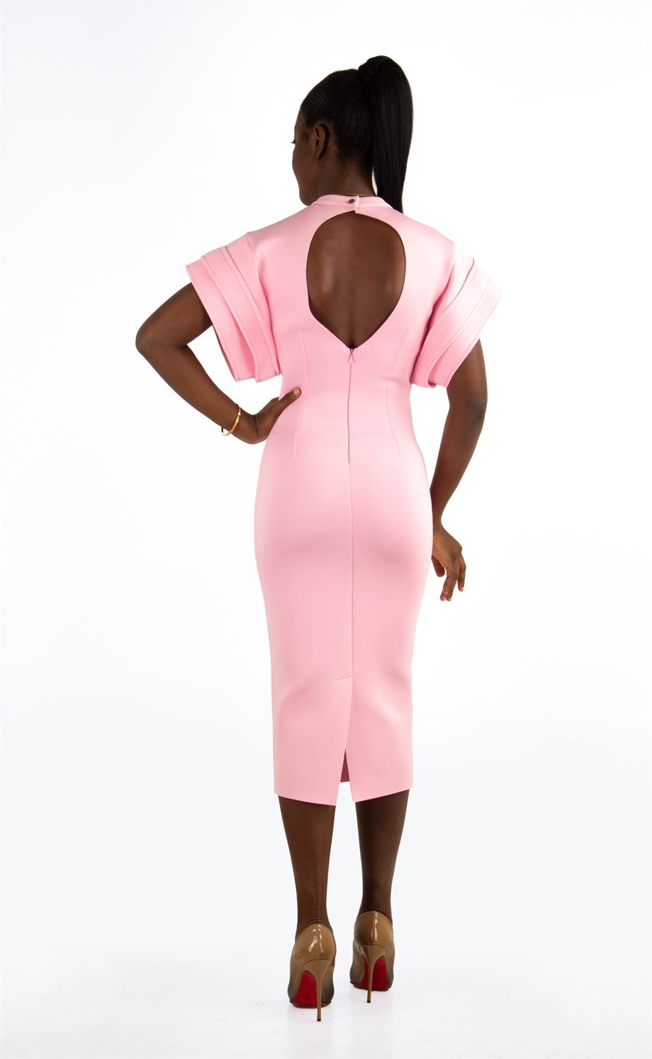 Open Back High Round Sleeves Scuba Dress - Pink