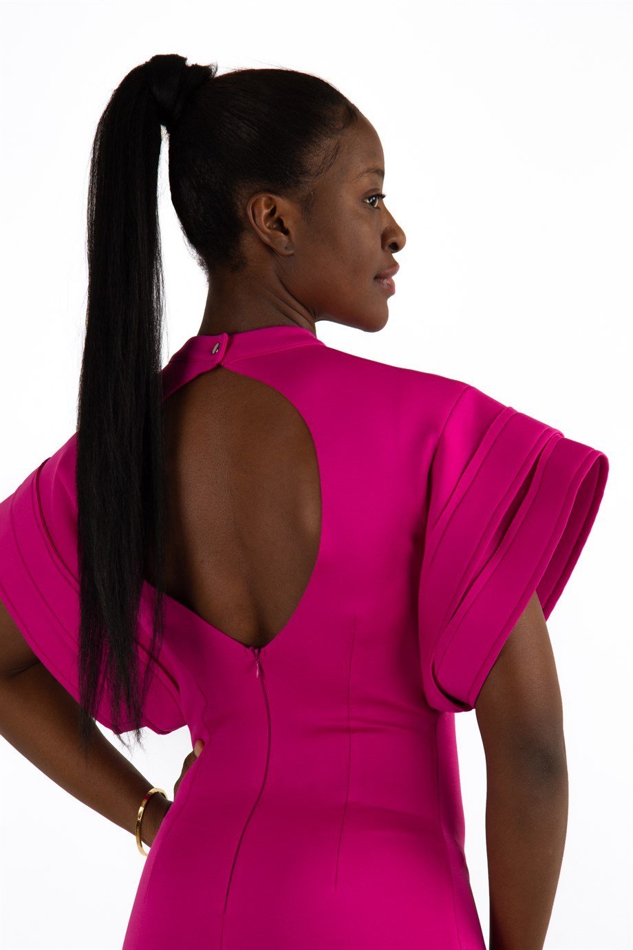Open Back High Round Sleeves Scuba Dress - Fuchsia