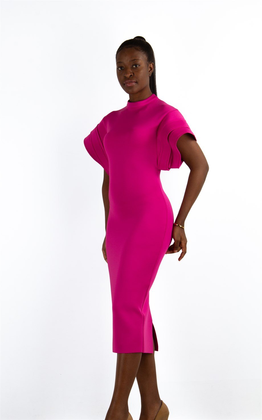 Open Back High Round Sleeves Scuba Dress - Fuchsia