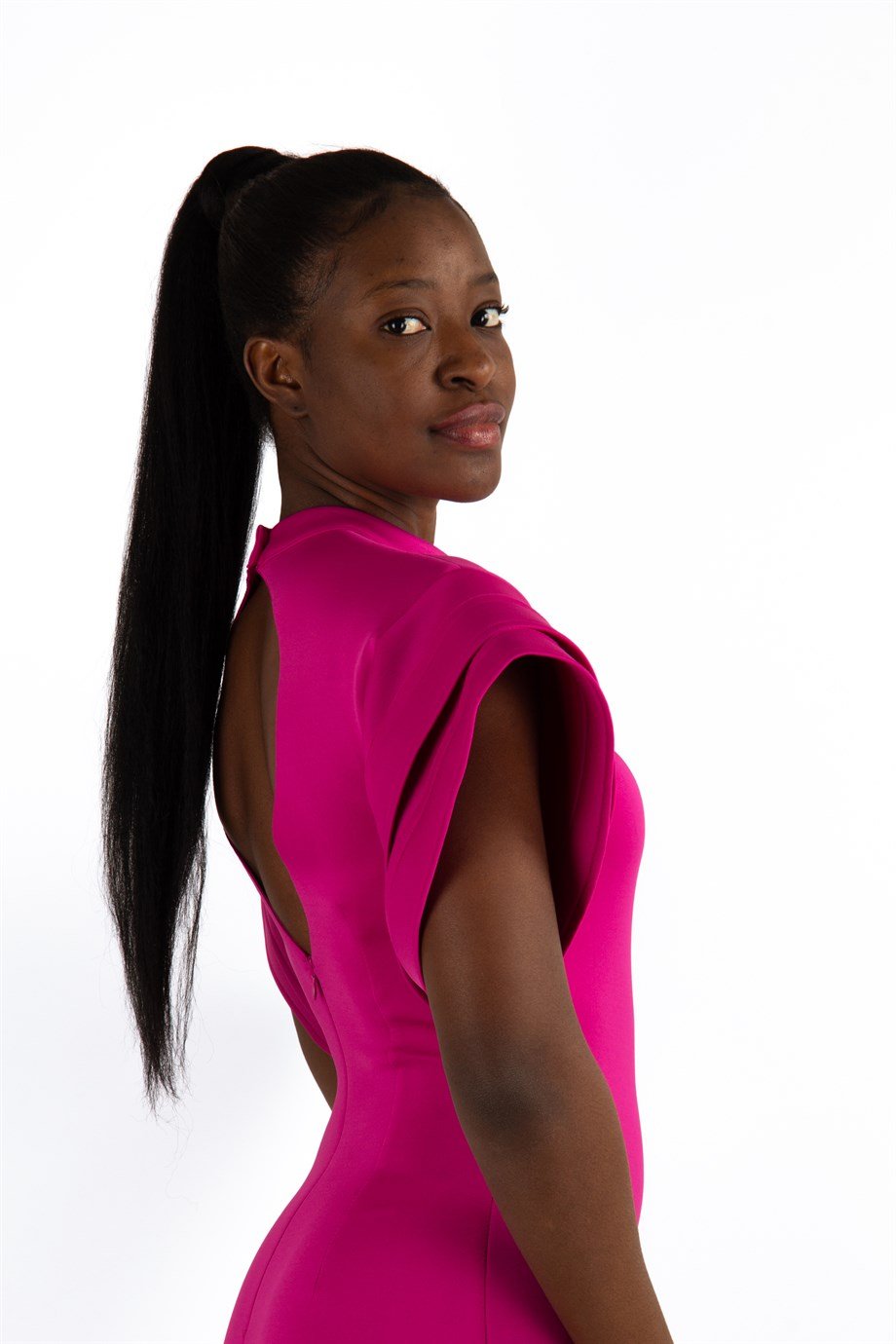 Open Back High Round Sleeves Scuba Dress - Fuchsia