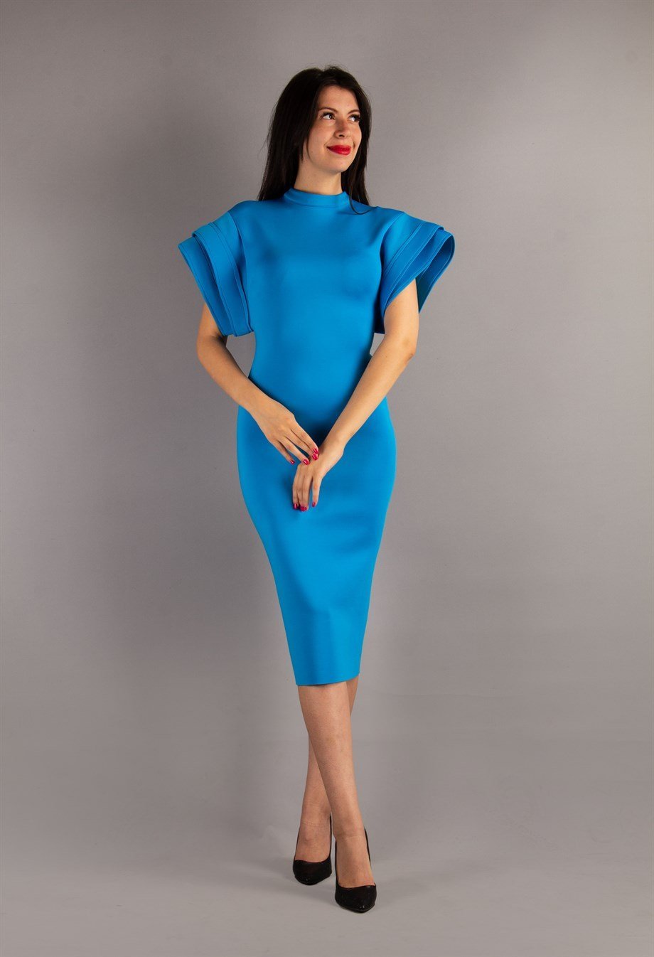 Robe de Scuba À Manches Rondes et À Dos Ouvert - Bleu Pétrole