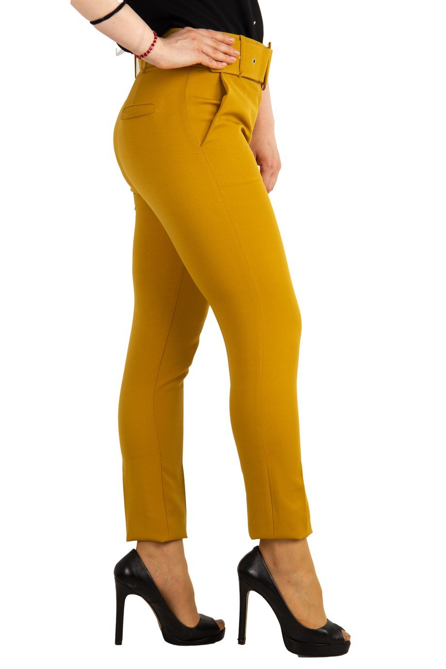 Pants With Matching Belt Casual Formal Office Trousers For Ladies - Claret Red