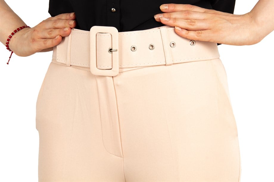Pants With Matching Belt Casual Formal Office Trousers For Ladies - Beige