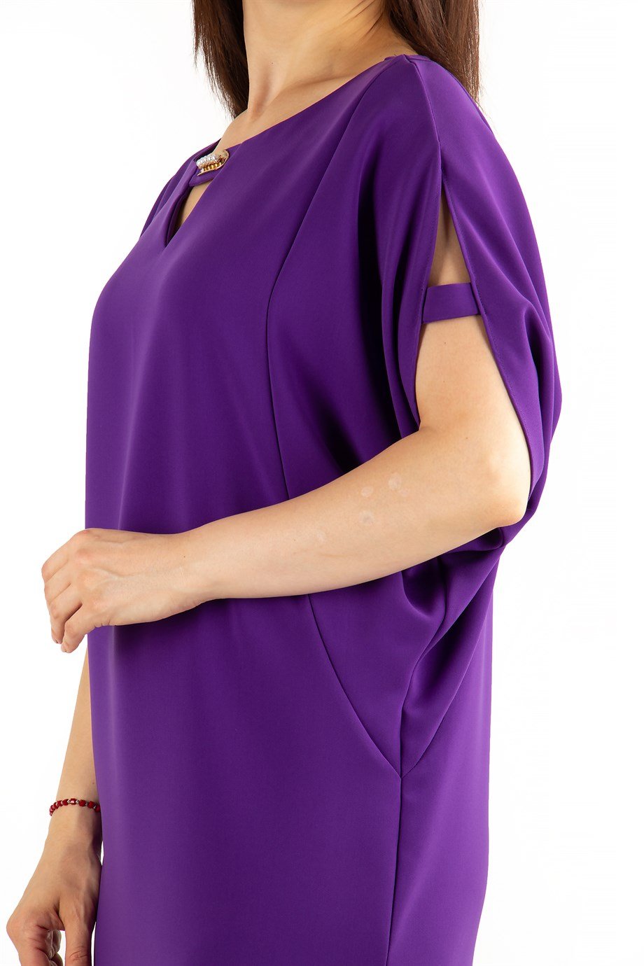 Pearl Brooch Detailed Cold Shoulder Big Size Dress - Violet