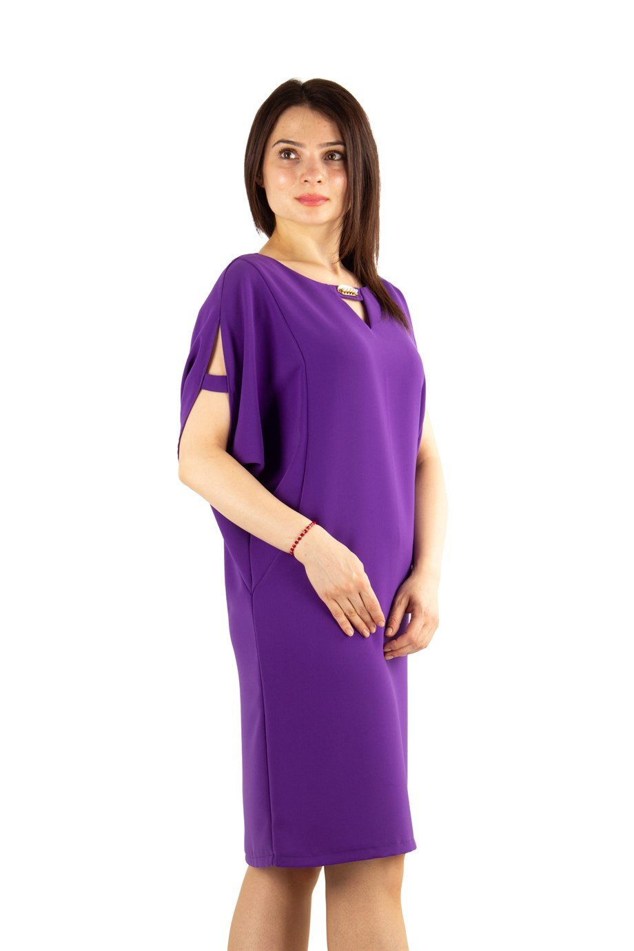 Pearl Brooch Detailed Cold Shoulder Big Size Dress - Violet