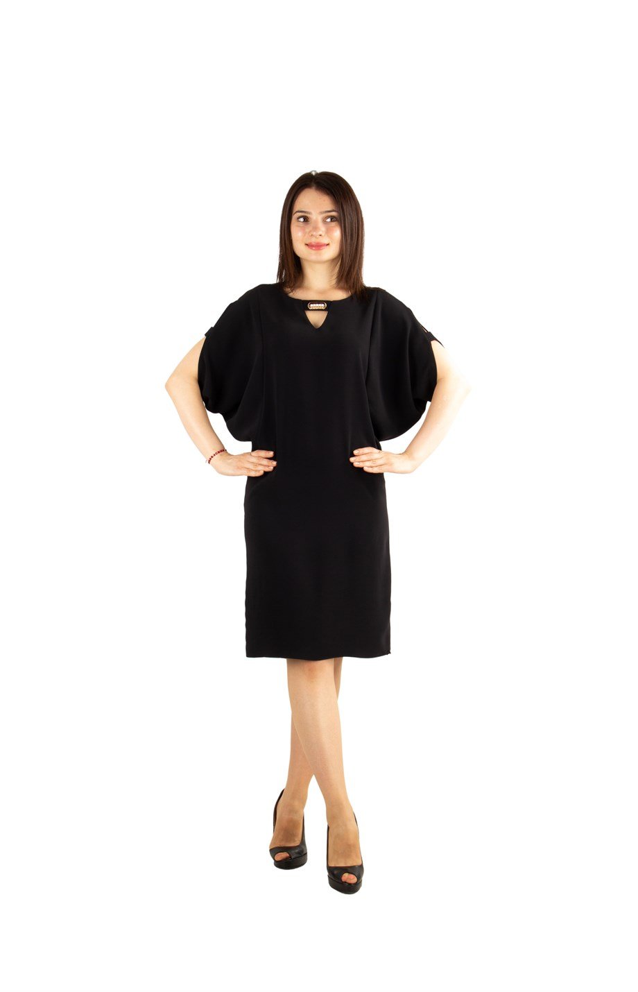 Pearl Brooch Detailed Cold Shoulder Big Size Dress - Black