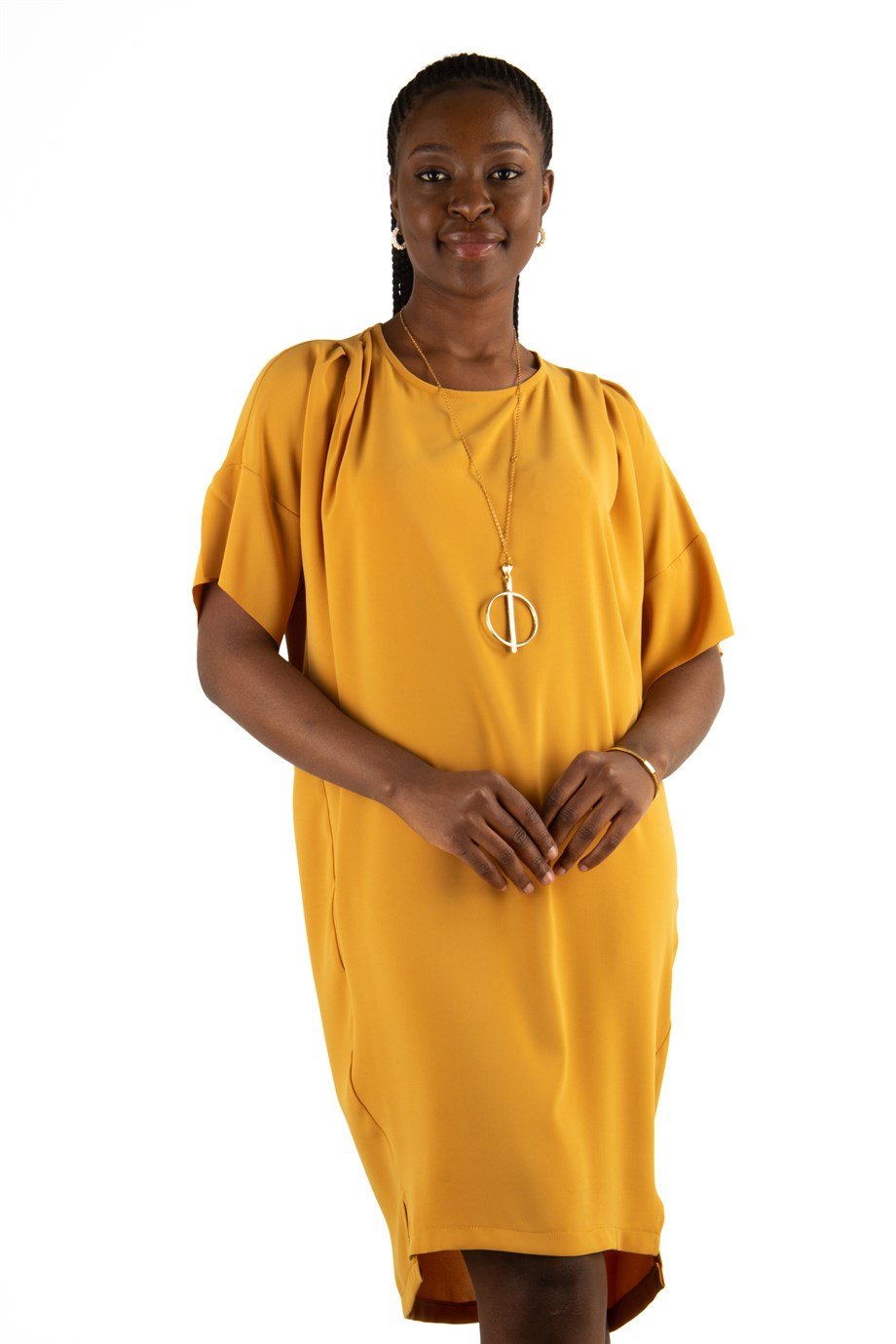 Plain Elegant Midi Short Sleeve Big Size Dress - Mustard