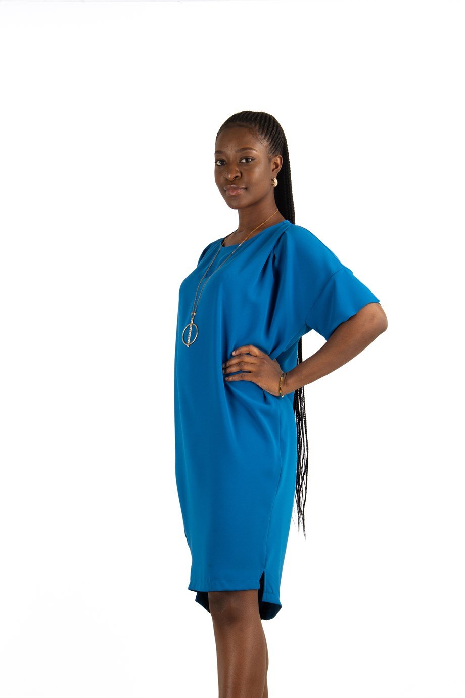 Plain Elegant Midi Short Sleeve Dress - Petrol